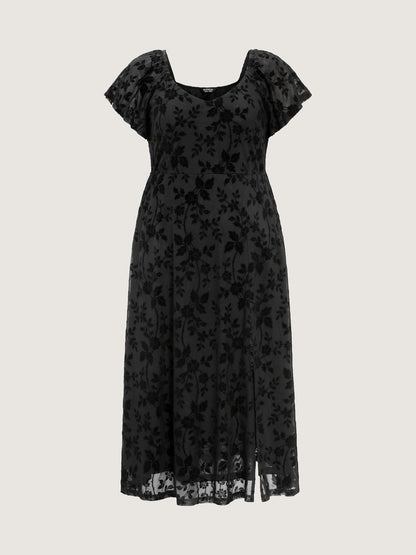 Floral Textured Jacquard Slit Hem Maxi Dress