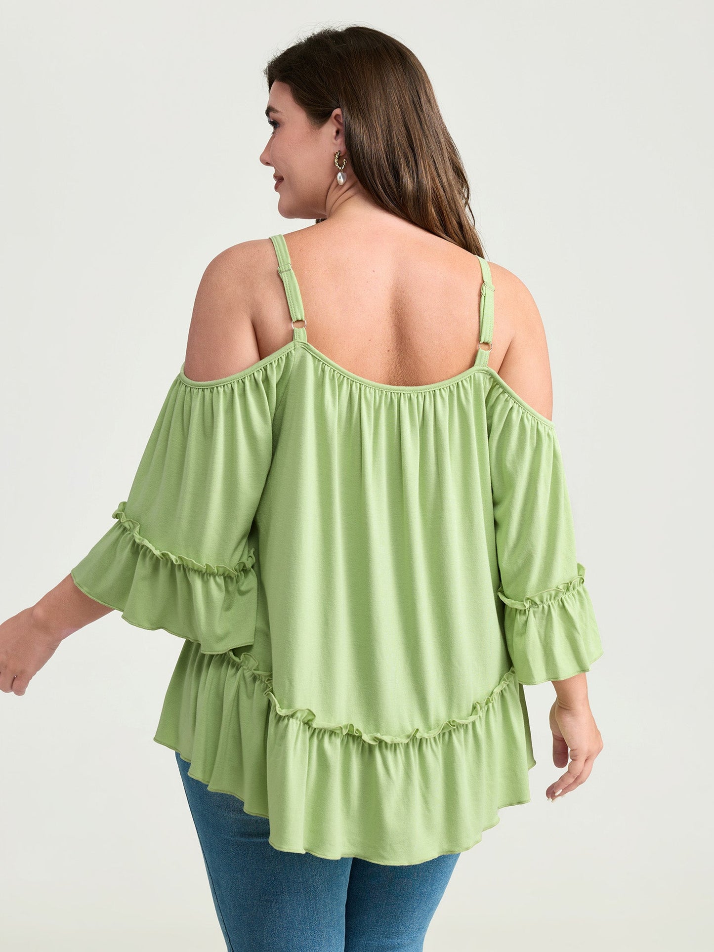 Ruffled Cut-Out Shoulder Flared Sleeve Top