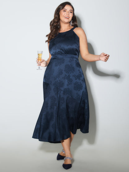 Satin Jacquard Asymmetrical Hem Midi Dress