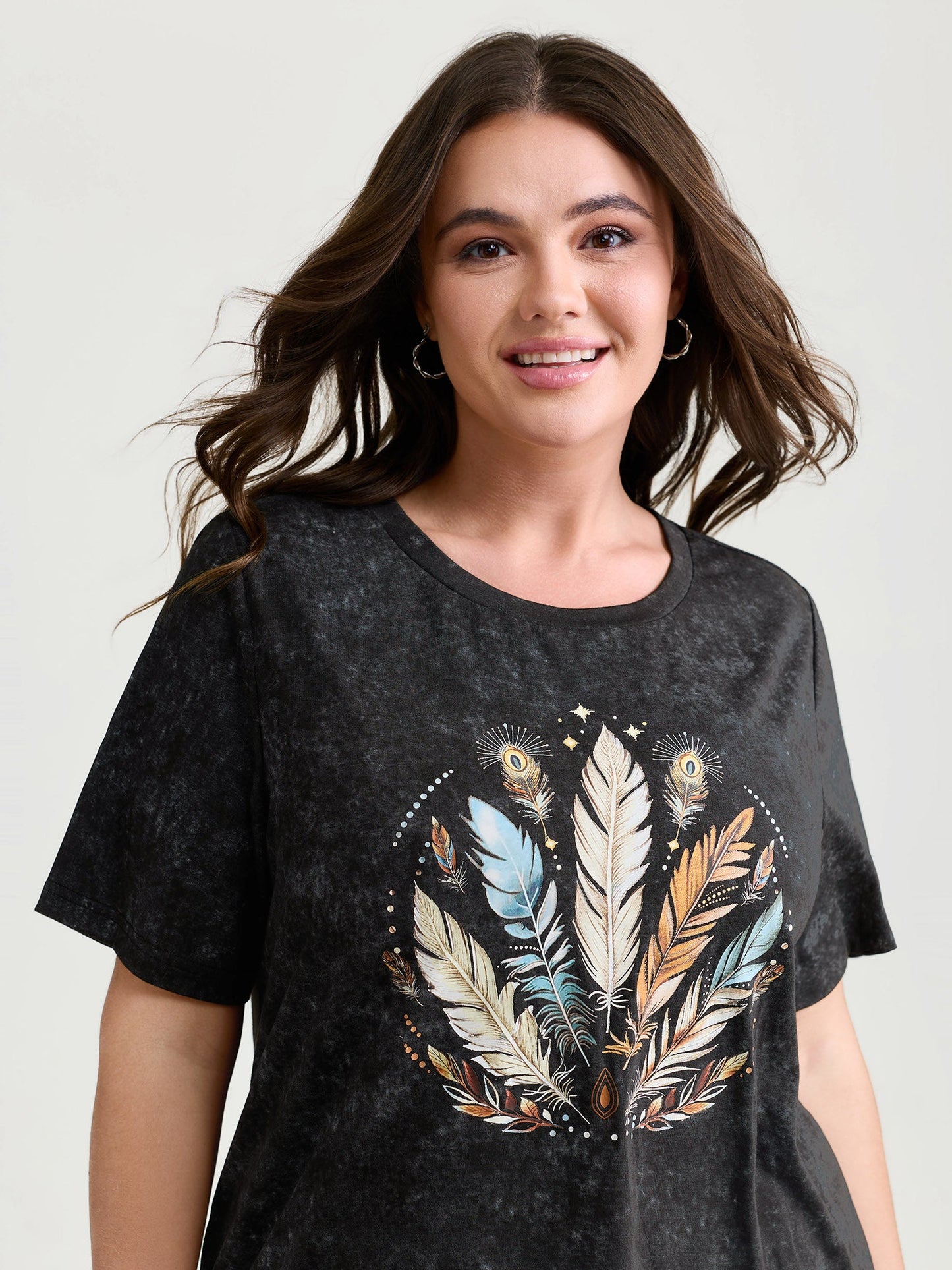 Supersoft Stretchy Feather Print Snowflake Effect T-Shirt