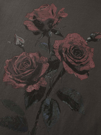 Rose Print Distressed Wash T-Shirt