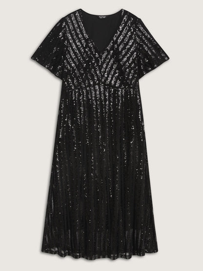 Shimmery Sequin V-Neck Midi Dress