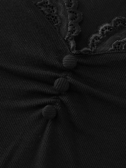 Sheer Lace Neckline Shirred Knit Top
