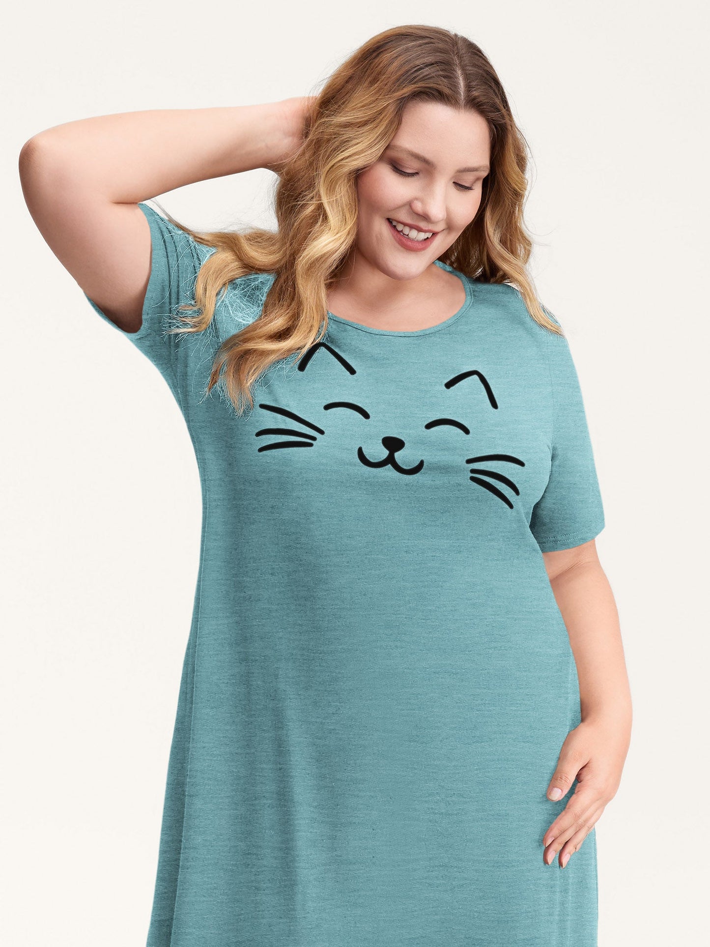 Happy Cat Print Stretchy Contrast Nightgown