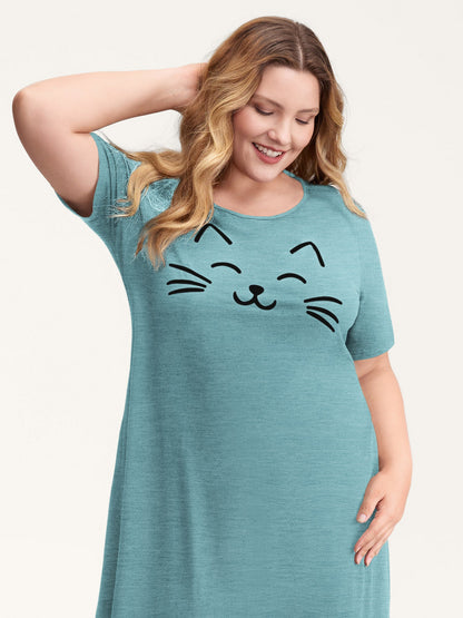 Happy Cat Print Stretchy Contrast Nightgown