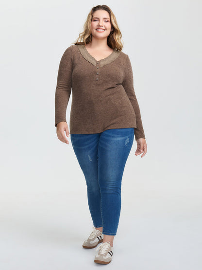 Lace Trim V-Neck Stretchy T-Shirt