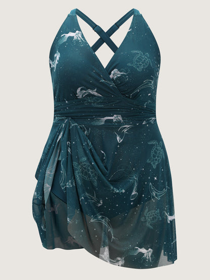 Ocean Pattern Mesh Surplice Swim Dress
