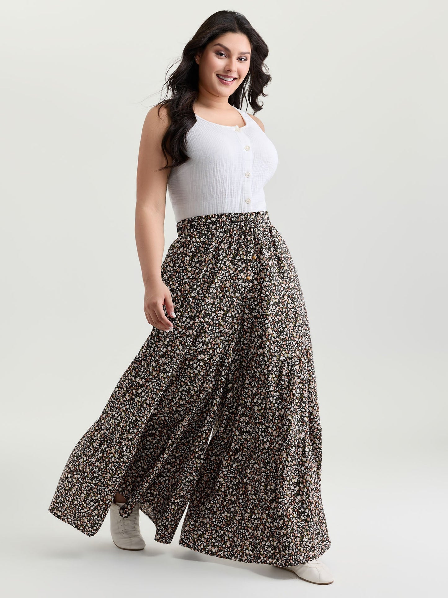 Micro Floral Print Wide Waistband Pants