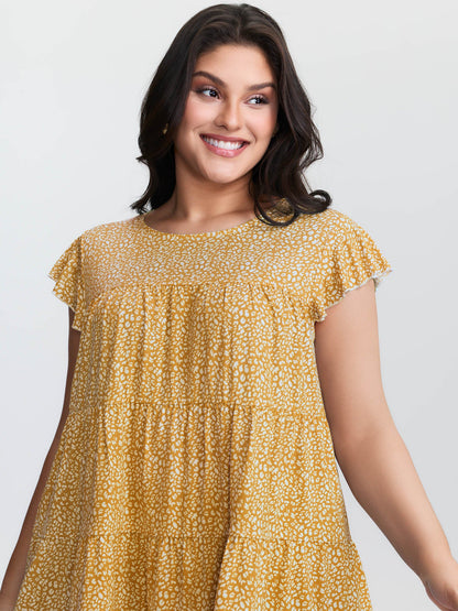 Leopard Print Tiered Flutter Sleeve Knit Top