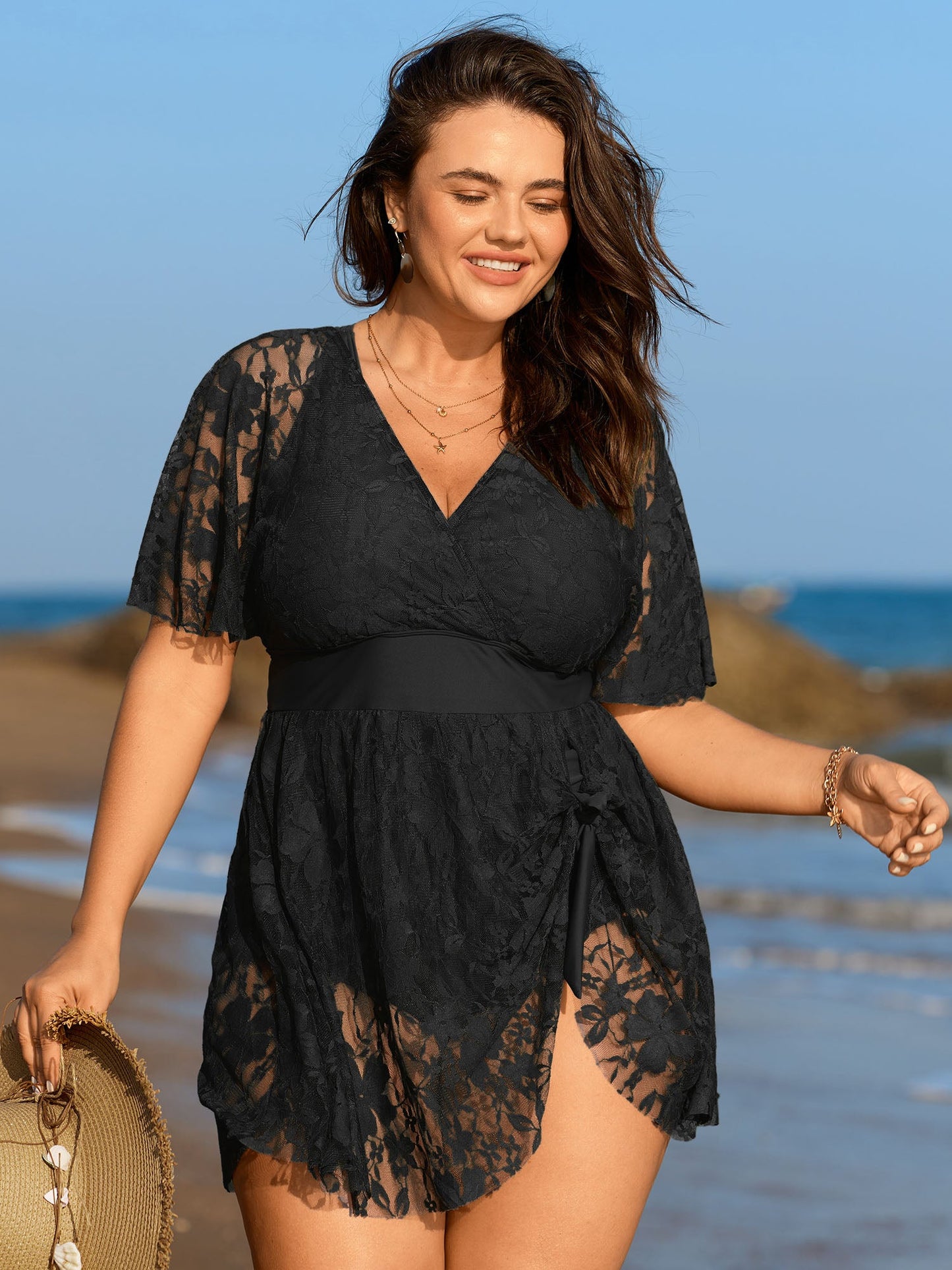 Sheer Lace Knotted Asymmetrical Hem Swim Dress
