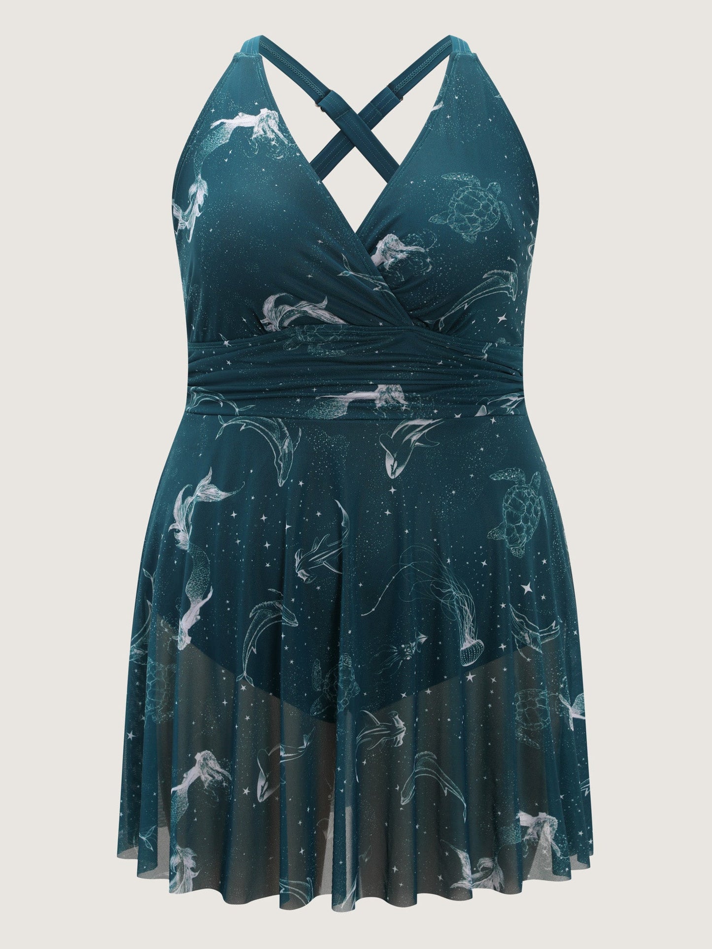 Ocean Pattern Mesh Surplice Swim Dress