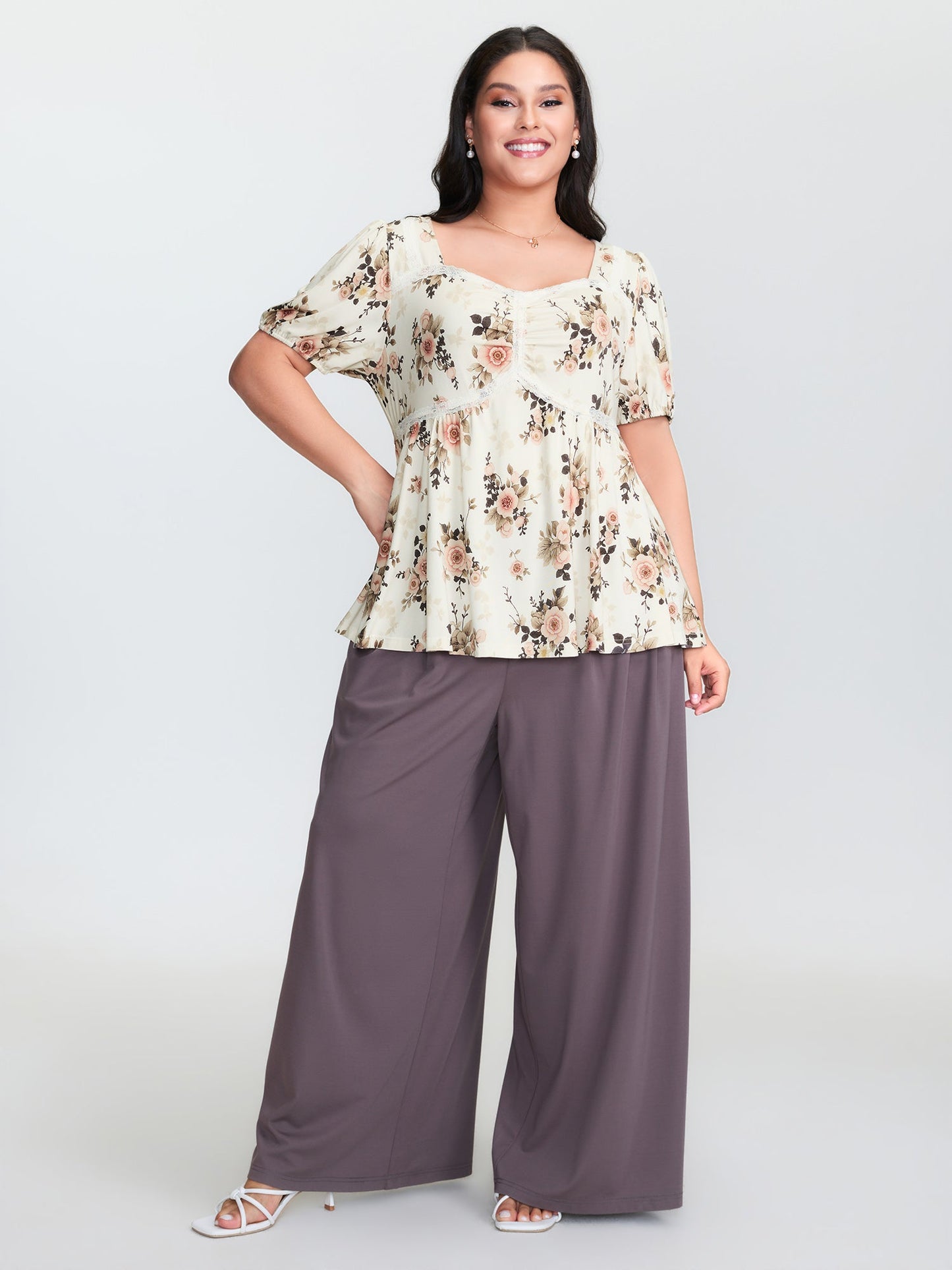 Floral Print Lace Trim Knit Top