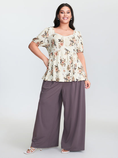 Floral Print Lace Trim Knit Top