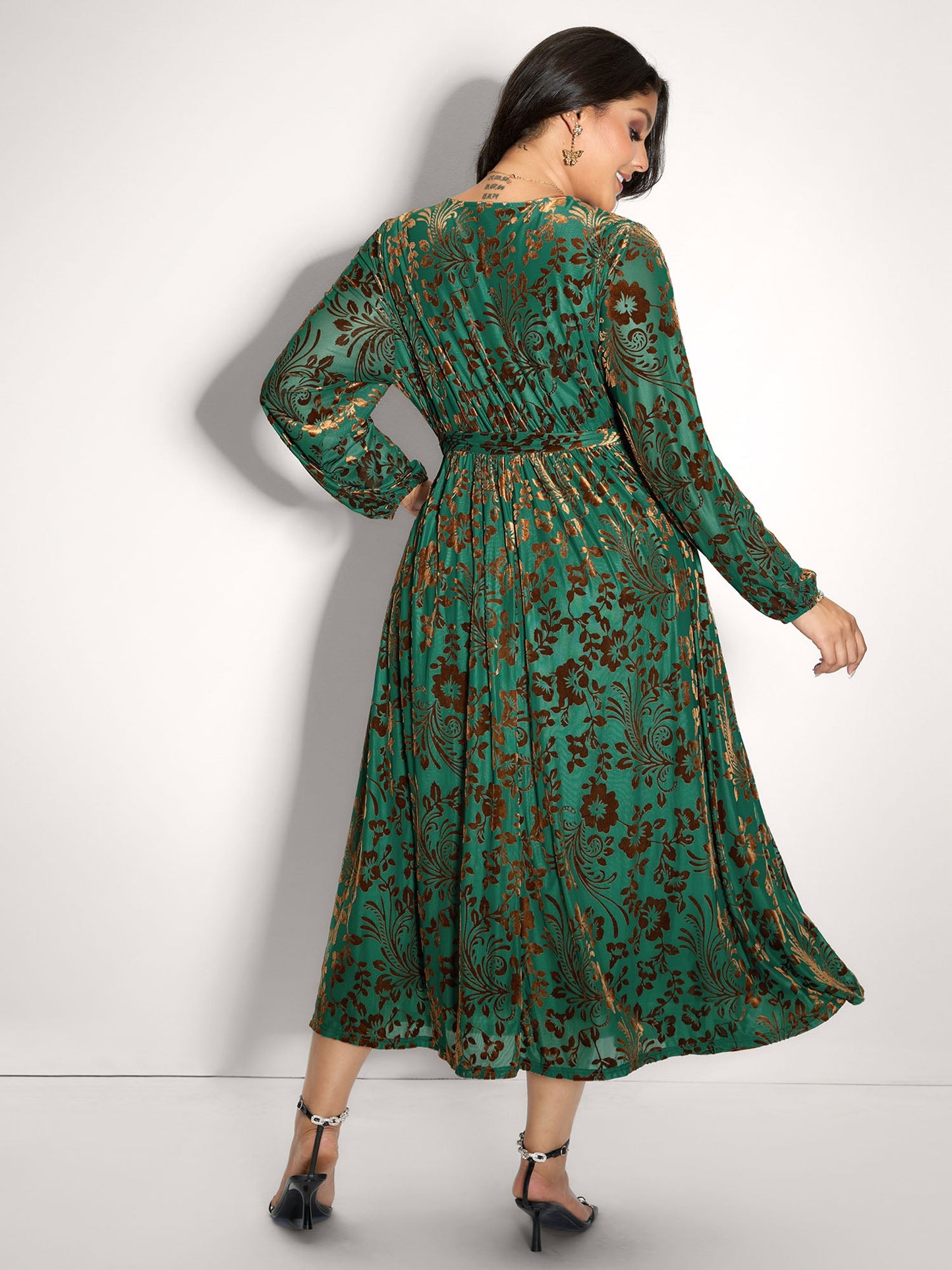 Laser-Cut Velvet Waist-Tie Maxi Dress