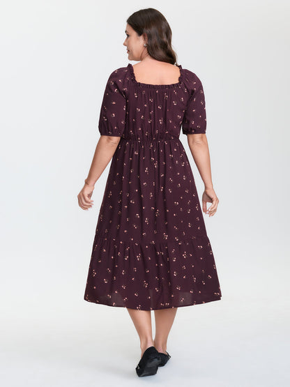 plus size Micro Floral Shirred Bodice Midi Dress