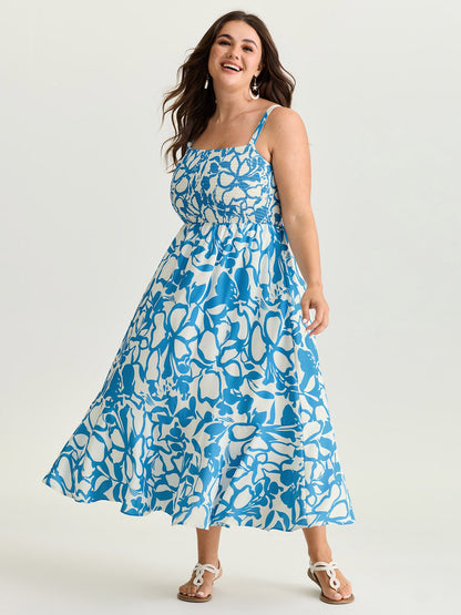 Silhouette Flower Print Shirred Cami Midi Dress