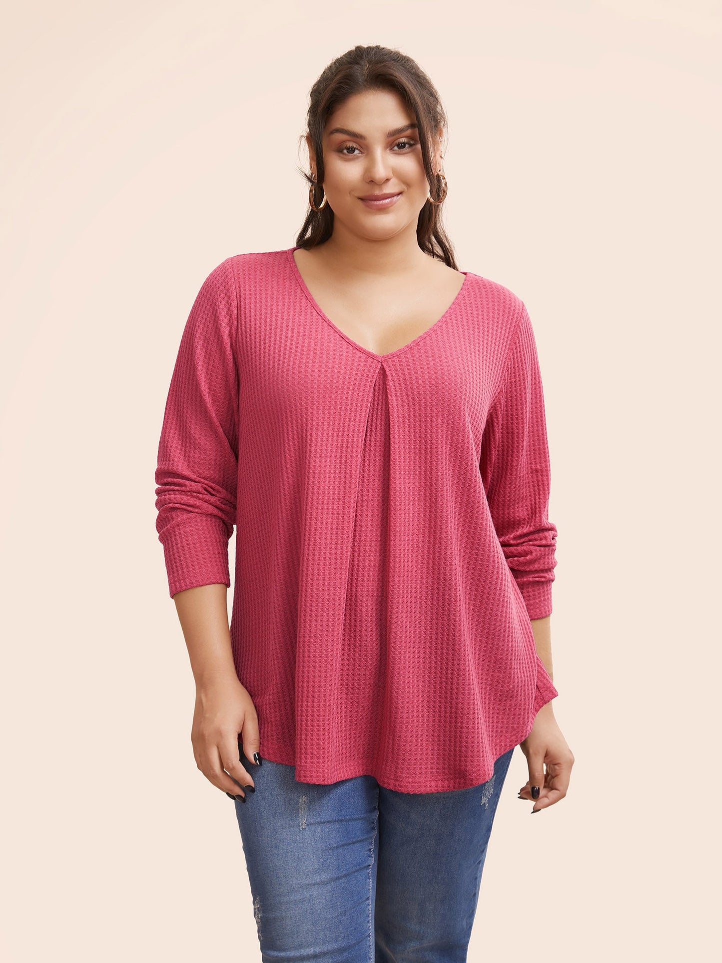 Plain Waffle Knit Scoop Neck Plicated Detail T-shirt