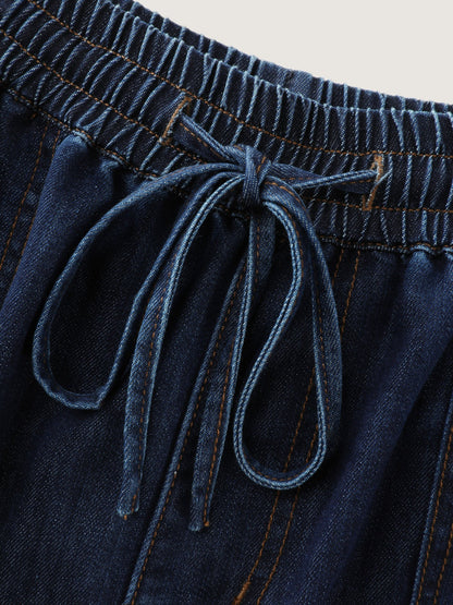 Cotton Stretchy Waist Drawstring Wide-Leg Jeans
