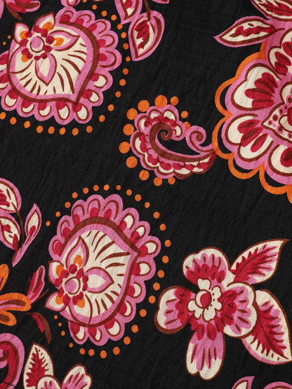 Large Floral Print Wide Shirred Waistband Pants