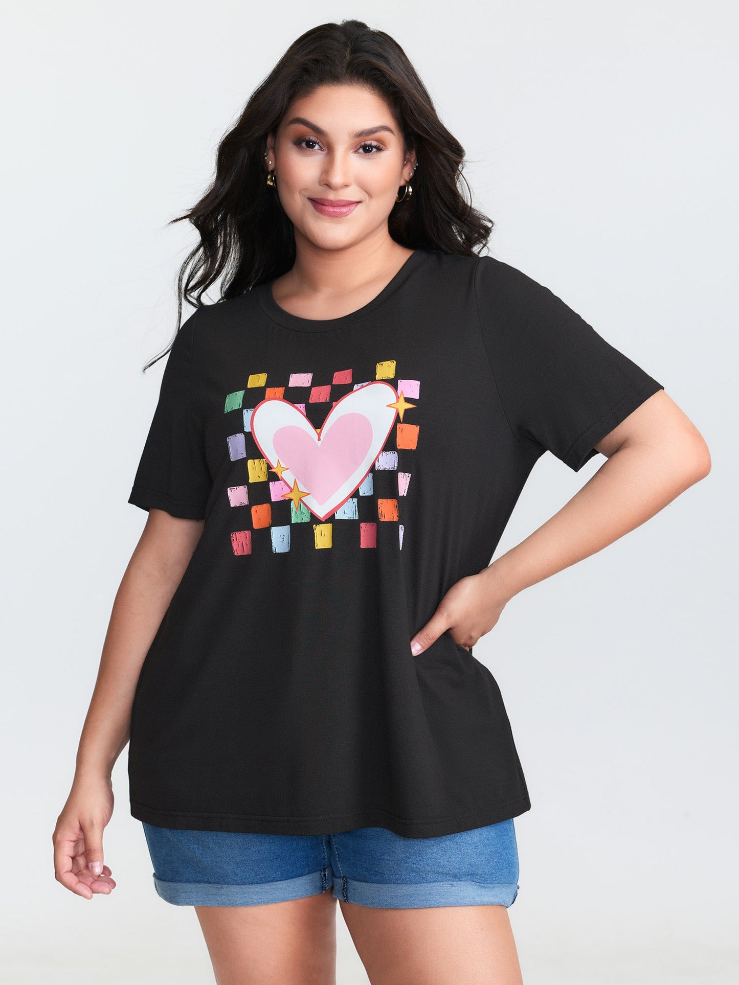 Multi-Color Heart Stretchy Round Neck T-Shirt