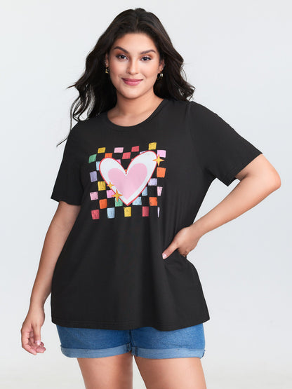 Multi-Color Heart Stretchy Round Neck T-Shirt