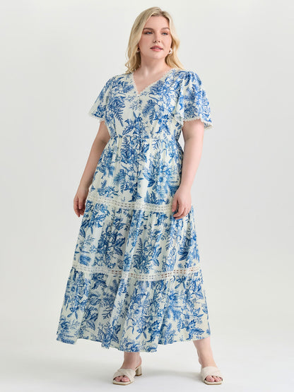 Femme Floral Print Lace Trim Maxi Dress