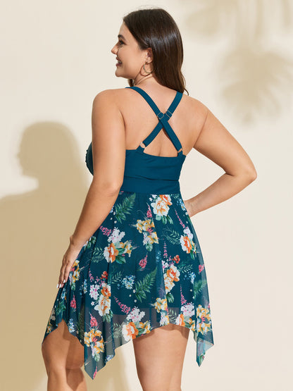 Floral Print Pockets Contrast Swim Dress