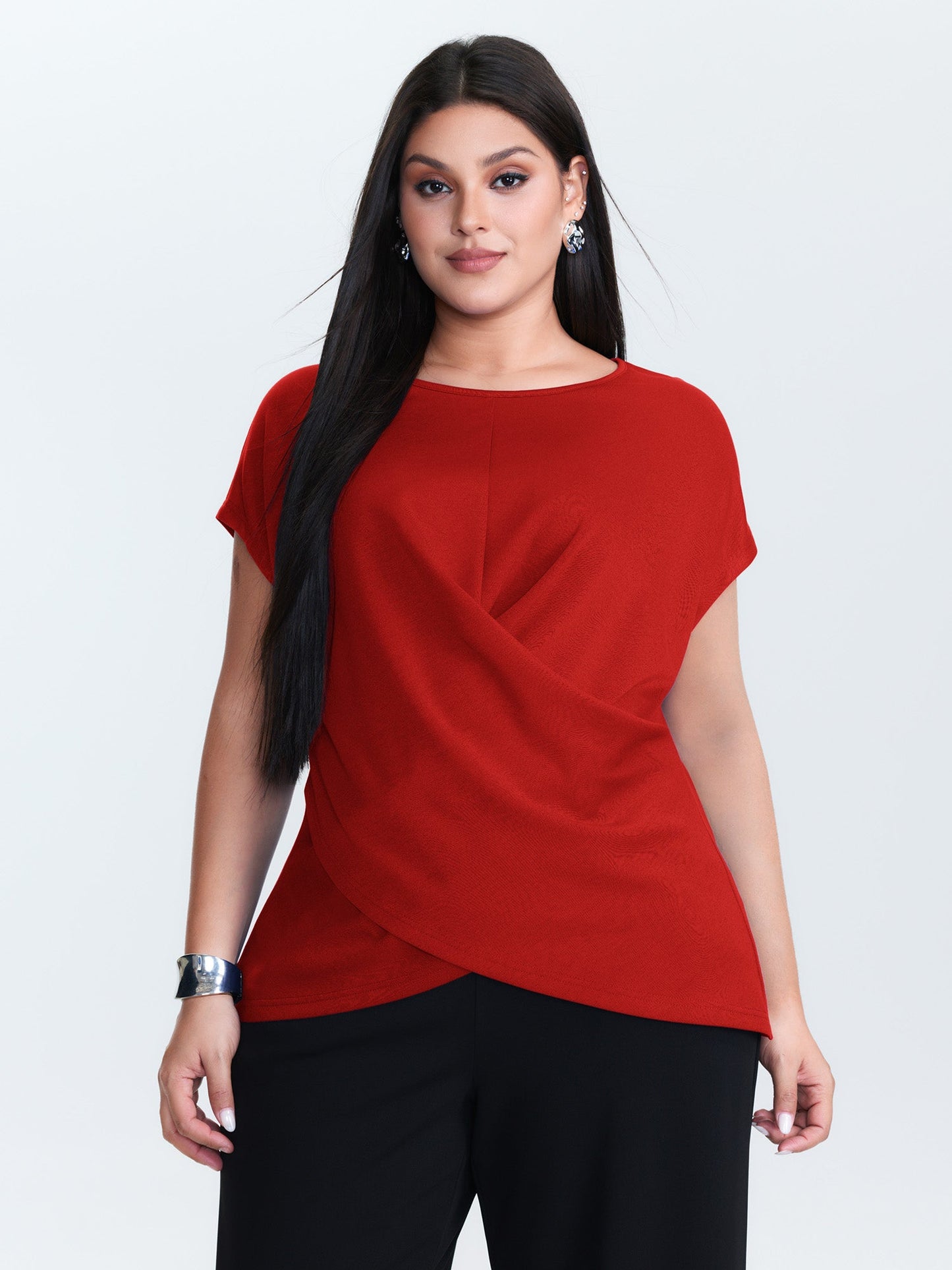 Twist-Front Boat Neckline Plain Knit Top