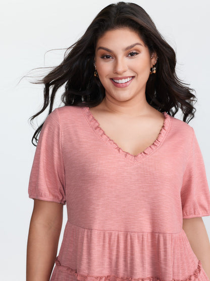 Stretchy Ruffled Neckline Tiered Knit Top