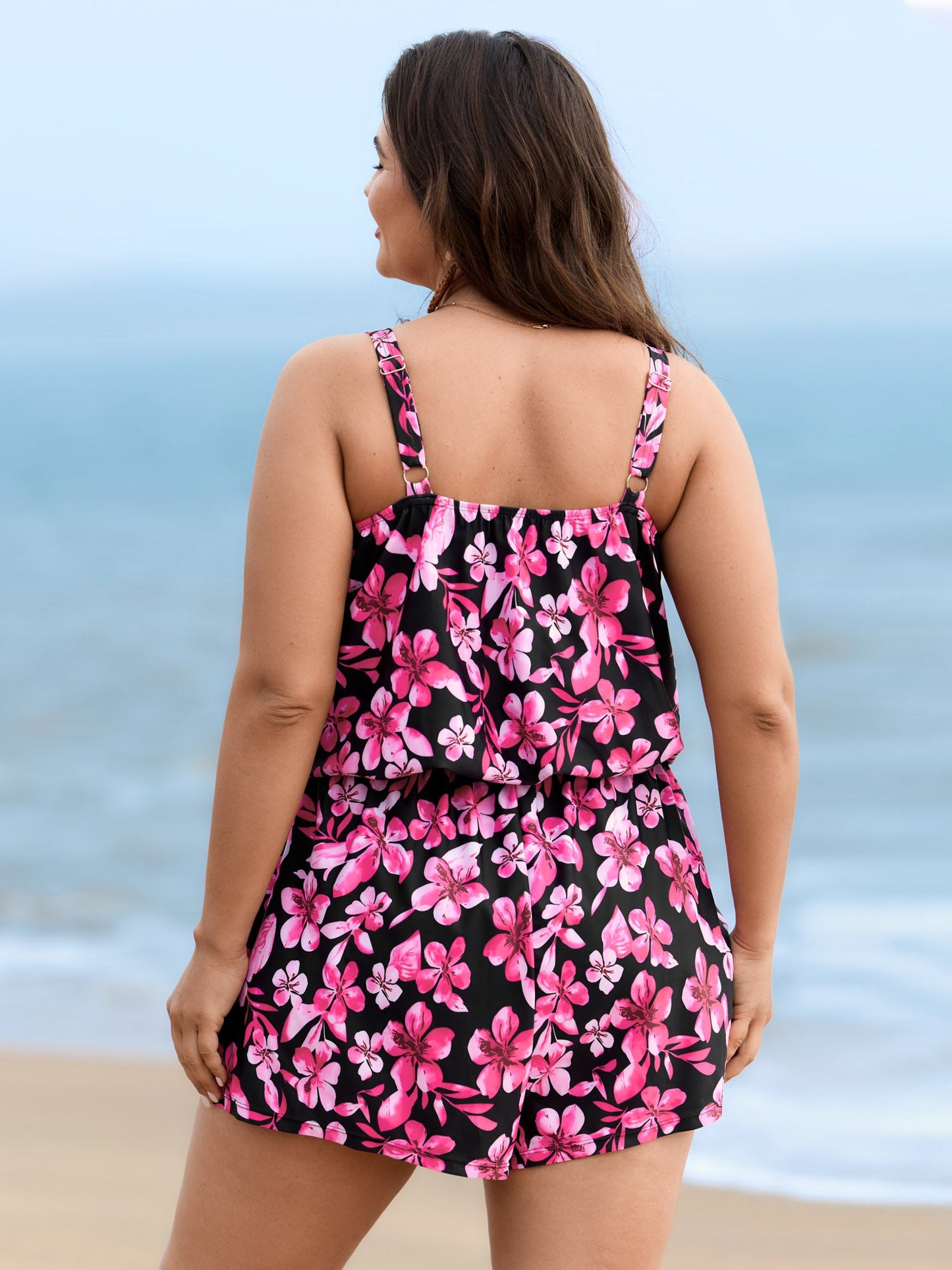 plus size Tropical Flower Print Pockets One-Piece Swimsuit