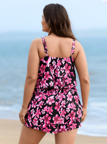 plus size Tropical Flower Print Pockets One-Piece Swimsuit