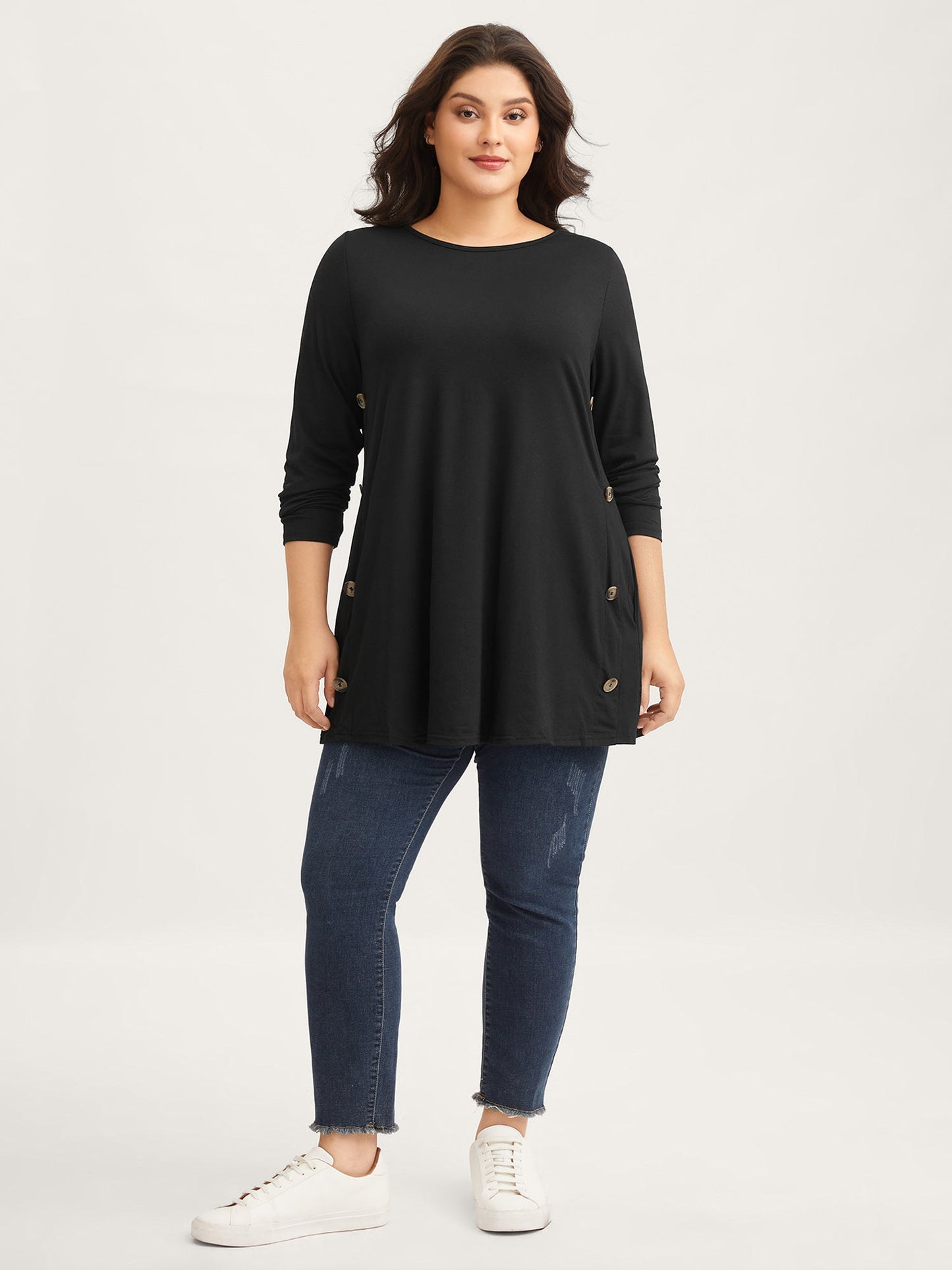 Round Neck Button Slim-Fit Knit Top