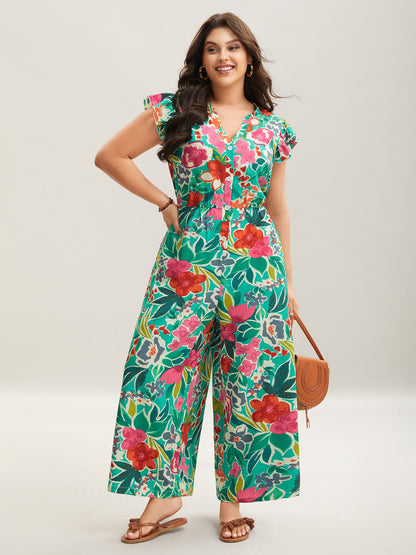 plus size Sunkissed Floral Print Button Wide-Leg Jumpsuit