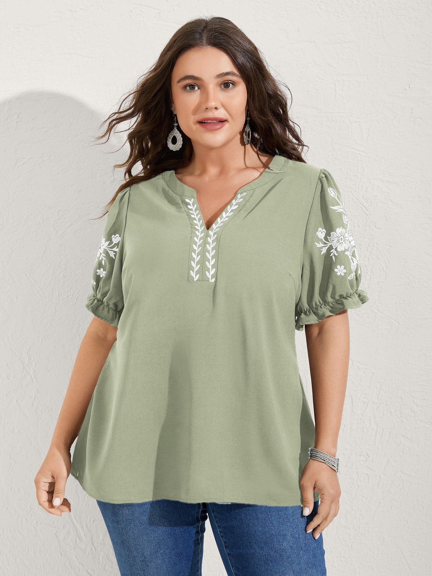 Notched Collar Embroidered Ruffled Blouse
