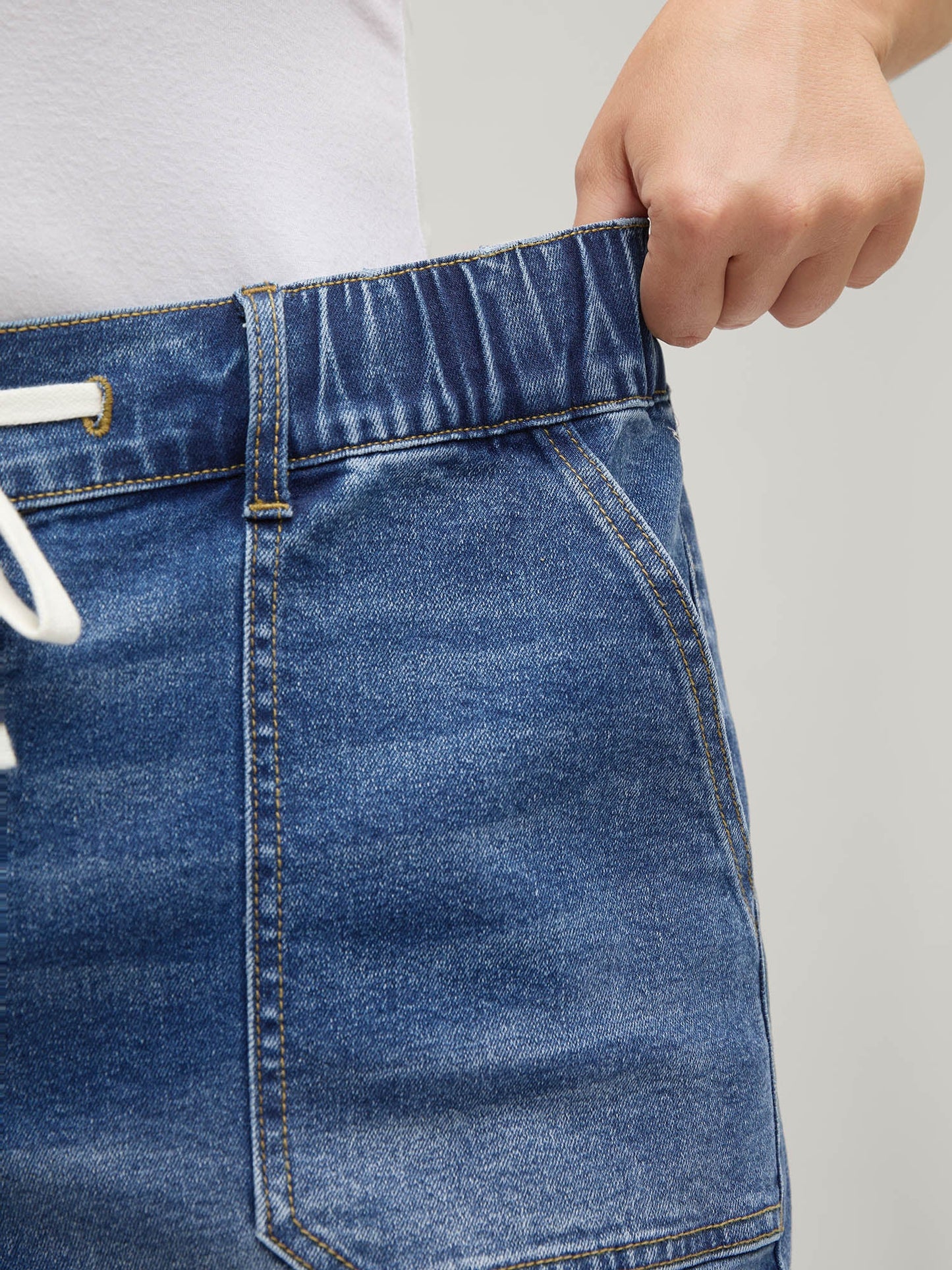 Pull-On Folded Hem High-Rise Denim Shorts