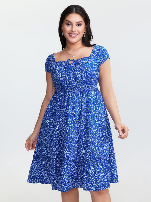 Micro Floral Print Bow-Tie Neckline Mini Dress