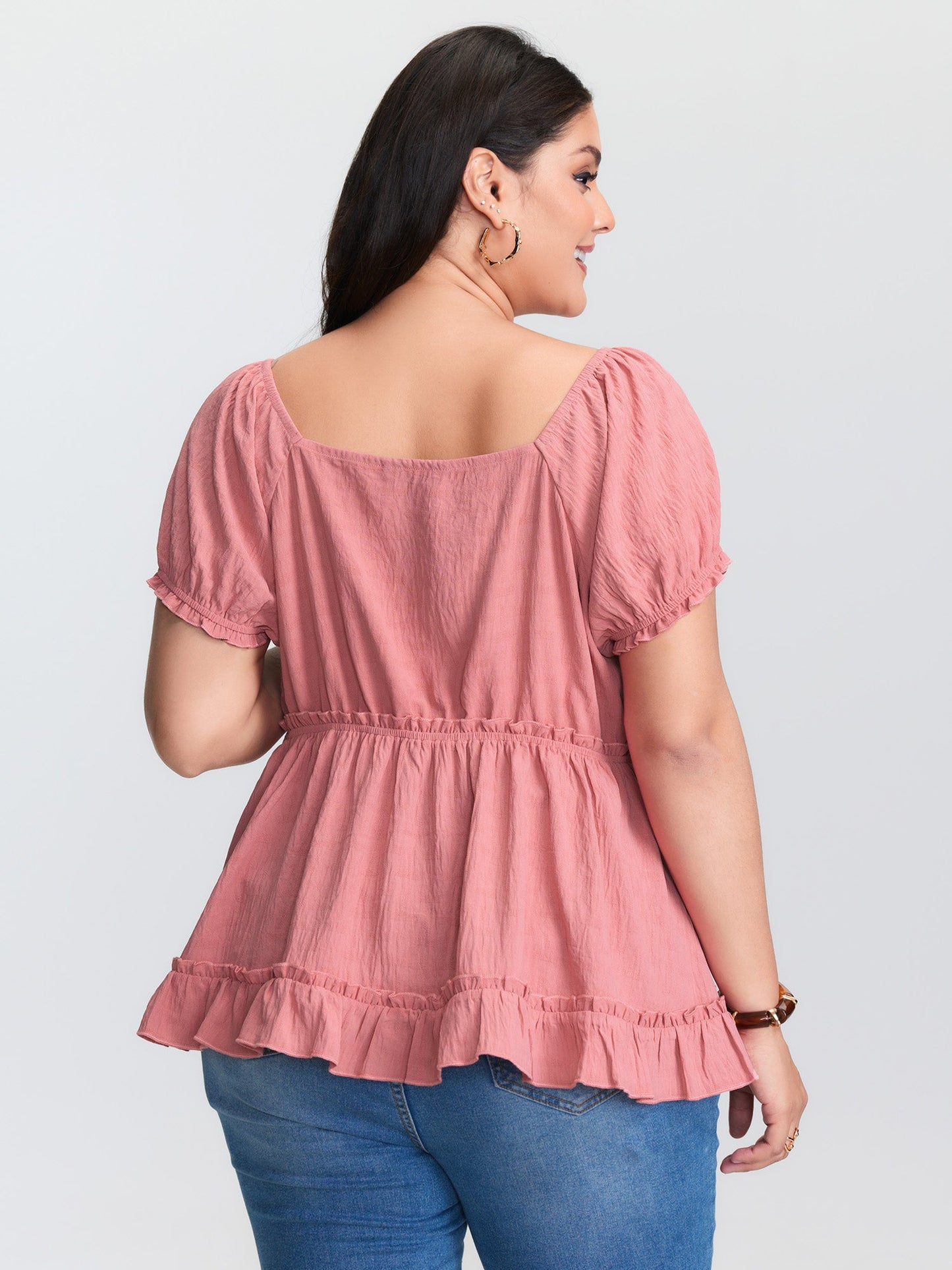 Lace Trim Ruffled Hem Plain Blouse