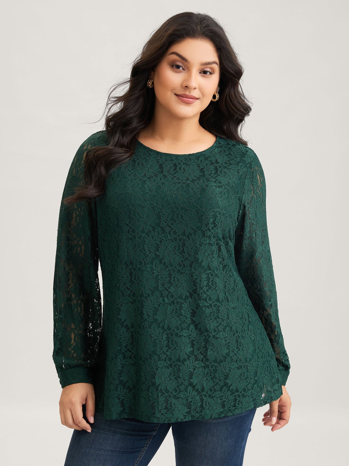 Solid Crochet Lace Mesh Crew Neck Blouse
