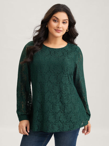 Solid Crochet Lace Mesh Crew Neck Blouse