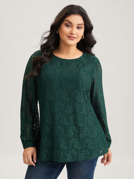 Solid Crochet Lace Mesh Crew Neck Blouse