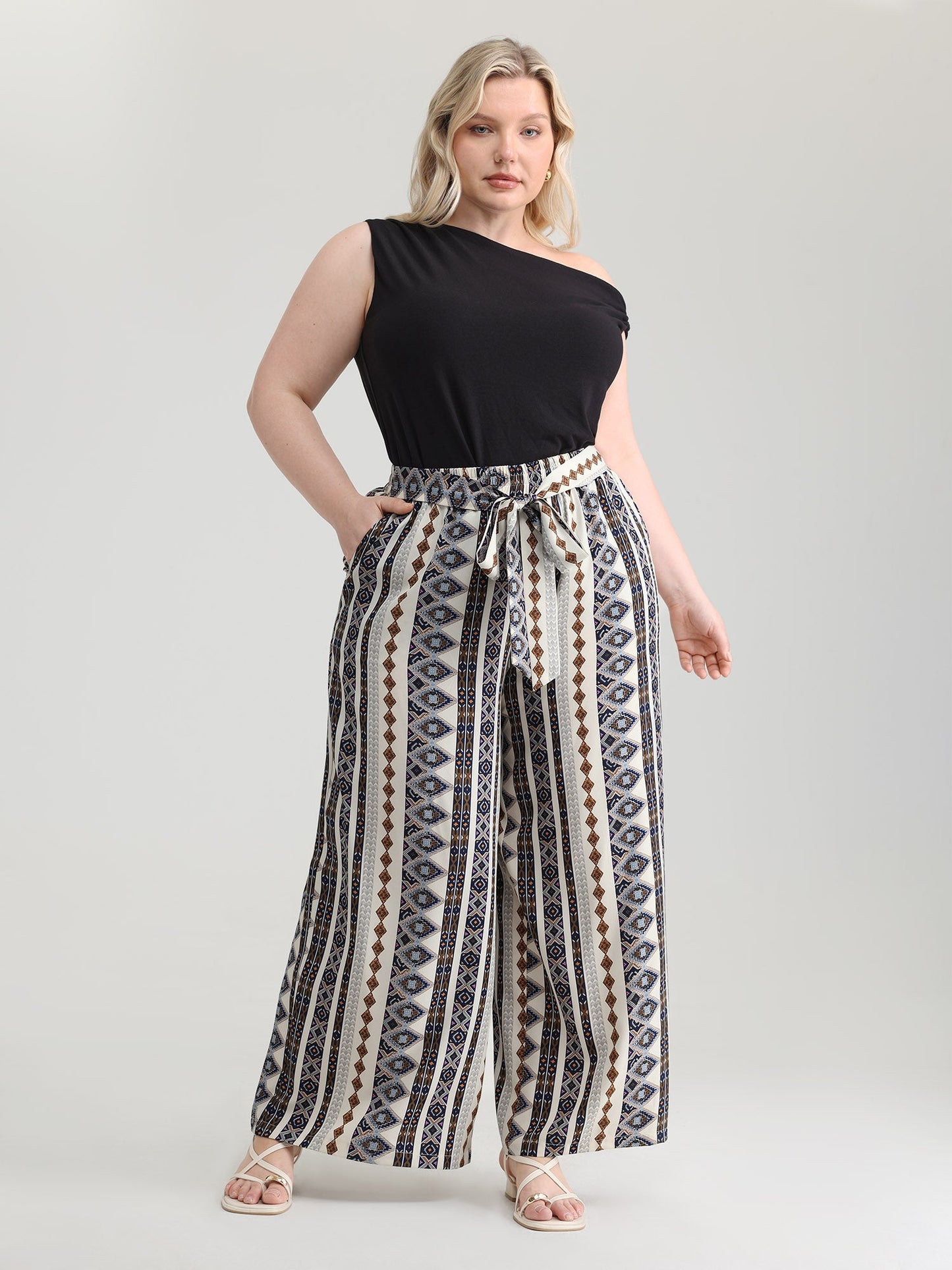 Waist-Tie Wide-Leg Boho Print Pants