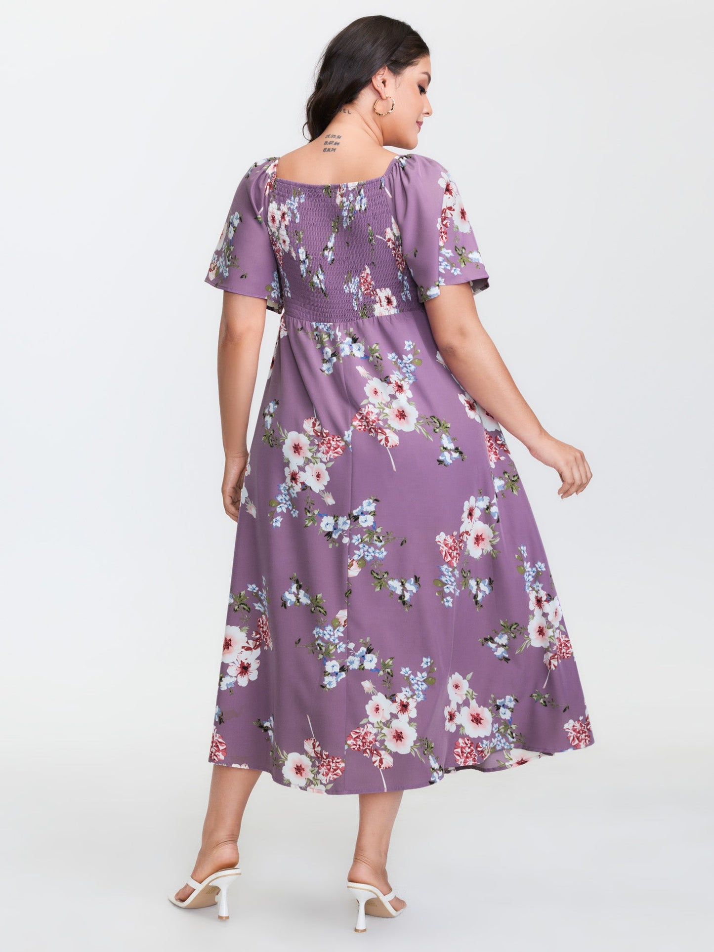 plus size Floral Square Neck Ruffles Pocket Shirred Split Dress