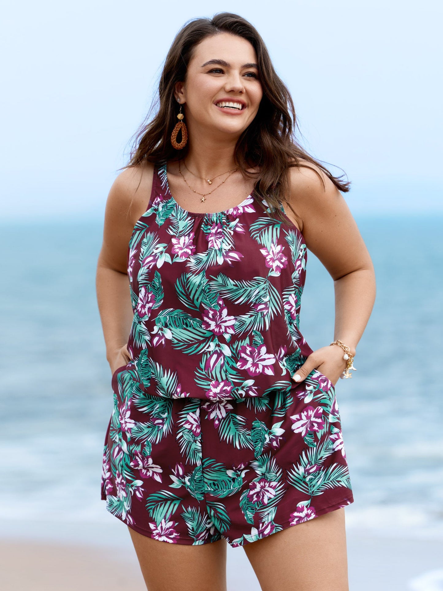 plus size Tropical Flower Print Pockets One-Piece Swimsuit