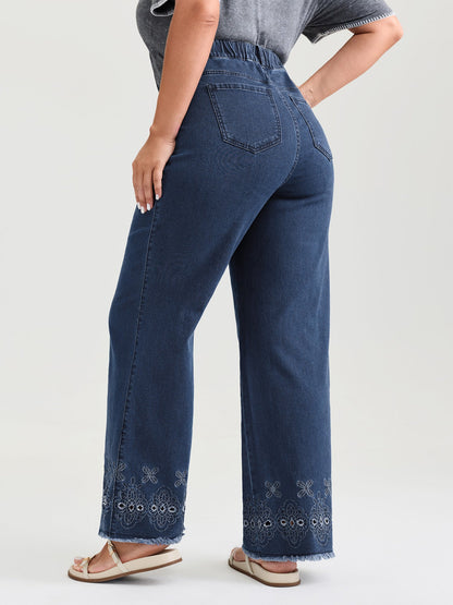 High-Rise Stretchy Embroidered Hem Jeans