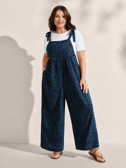 Leopard Print Shirred Shoulder Ties Jumpsuit