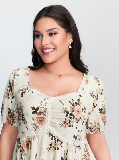 Floral Print Lace Trim Knit Top