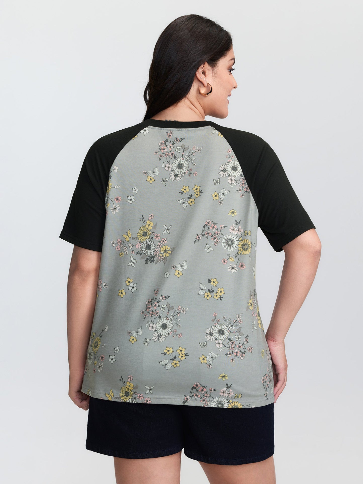 Floral Print Contrast Raglan Sleeve T-Shirt