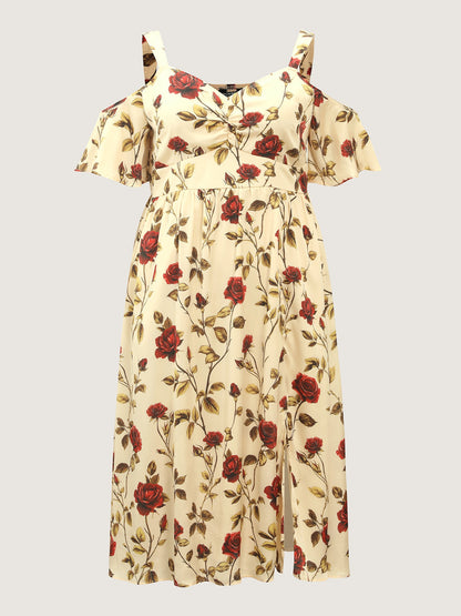 Floral Romance Cut-Out Shoulder Shirred Midi Dress