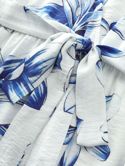 Large Floral Print Wrap Ruffled Hem Midi Dress