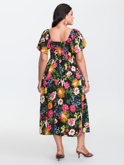 plus size Floral Shirred Square Neck Pocket Midi Dress